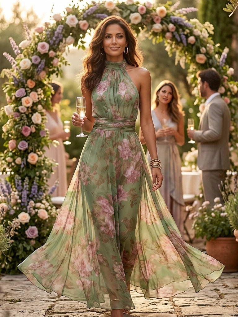 Adèle | Floral Chiffon Halter Maxi Dress