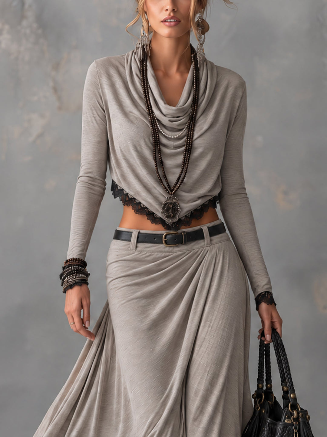 Michela | Two-piece set with a short elastic top featuring a draped gray neckline and a long skirt with a slit (belt included)