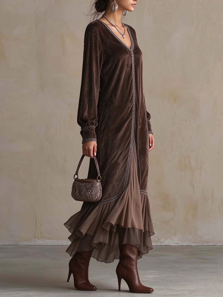 Teresa | Midi flared dress in synthetic suede with V-neck and trim detail
