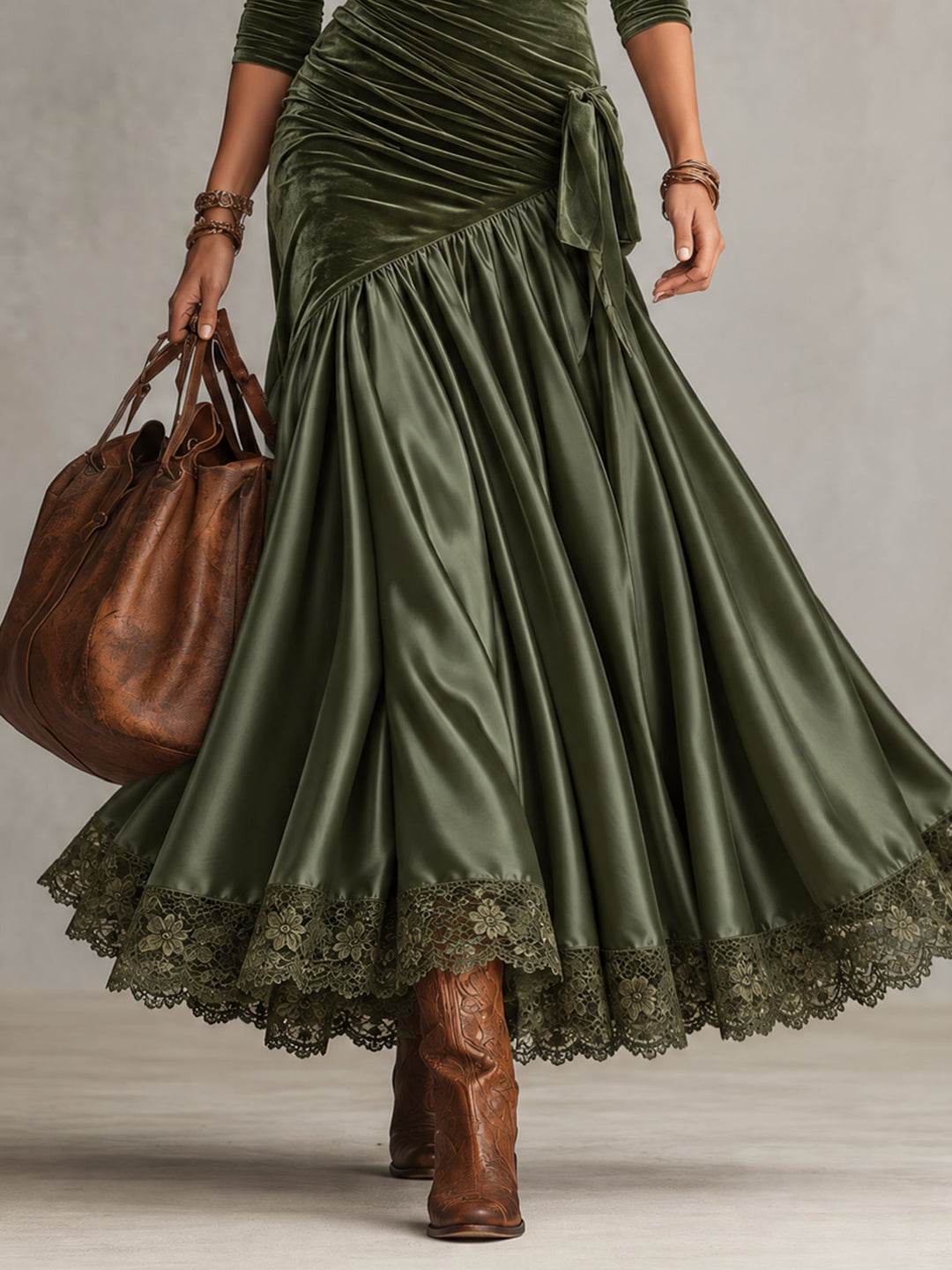 Antonella | Long velvet and satin dress with panels and olive green lace hem