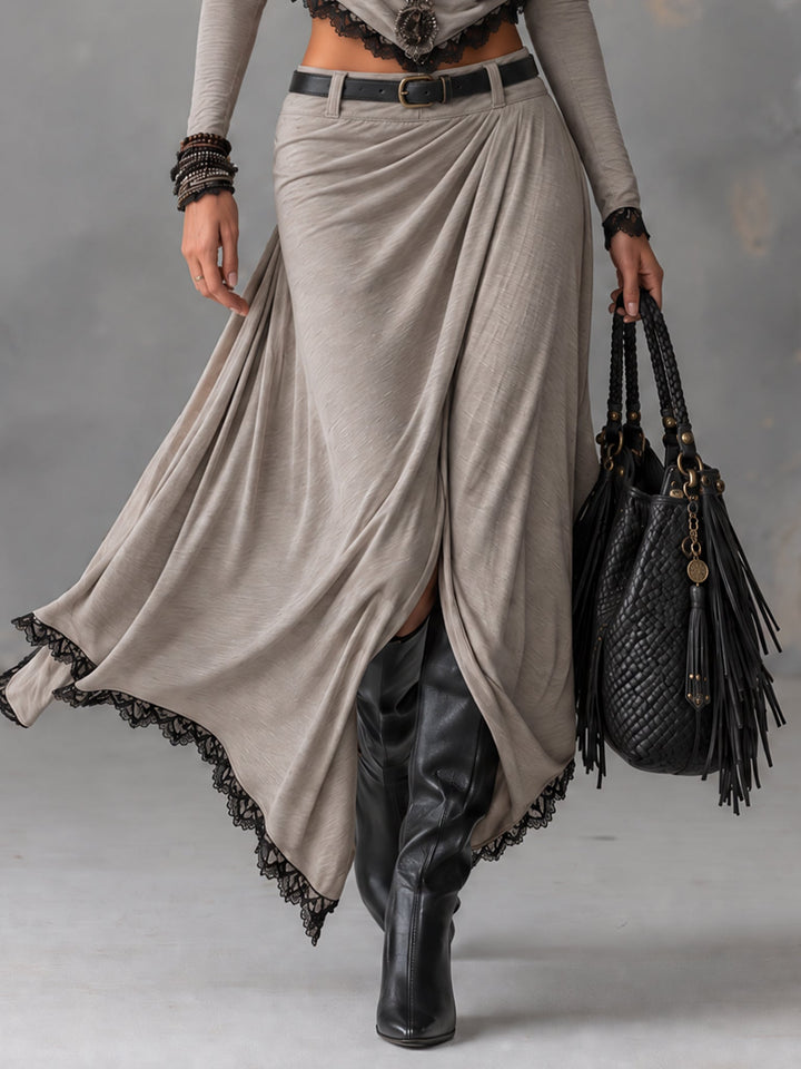 Michela | Two-piece set with a short elastic top featuring a draped gray neckline and a long skirt with a slit (belt included)