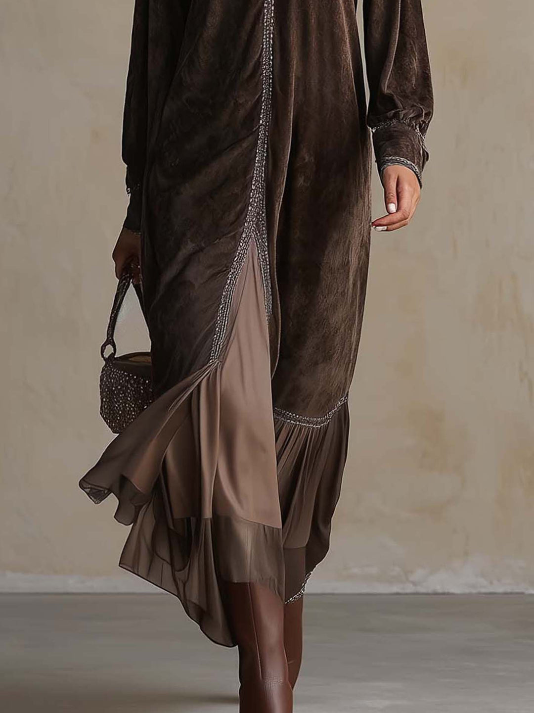 Teresa | Midi flared dress in synthetic suede with V-neck and trim detail