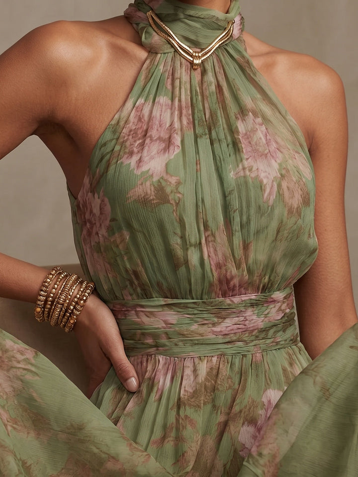 Adèle | Floral Chiffon Halter Maxi Dress