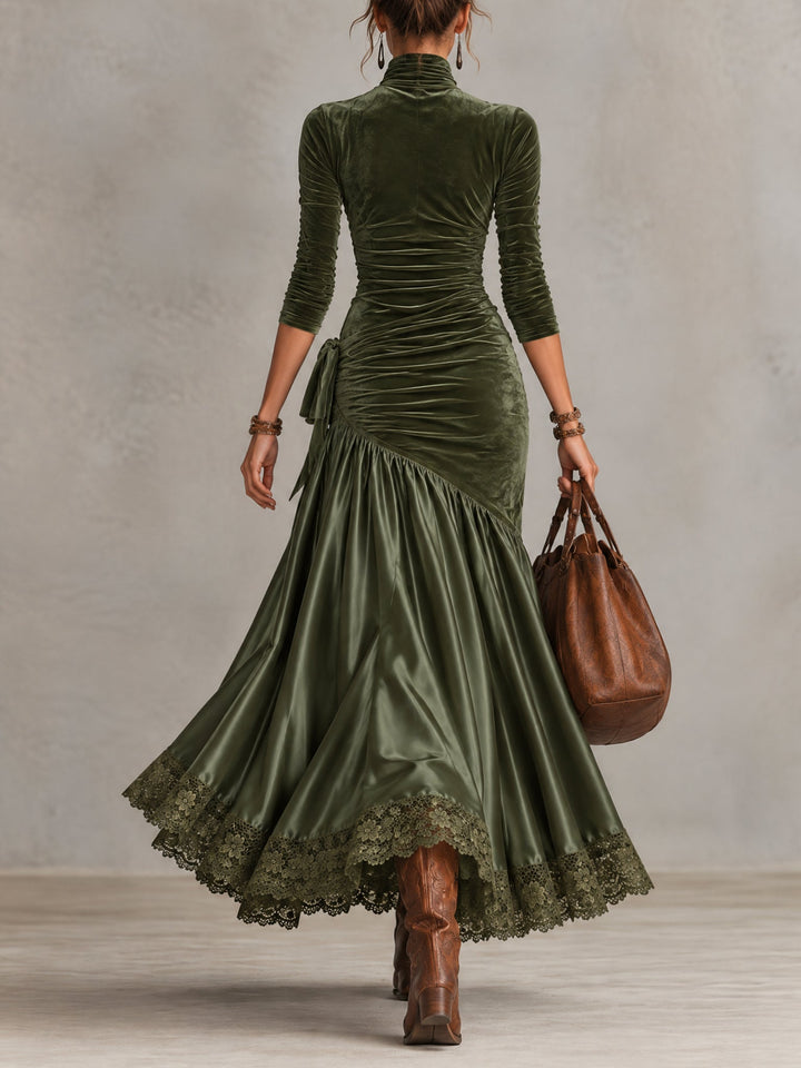 Antonella | Long velvet and satin dress with panels and olive green lace hem