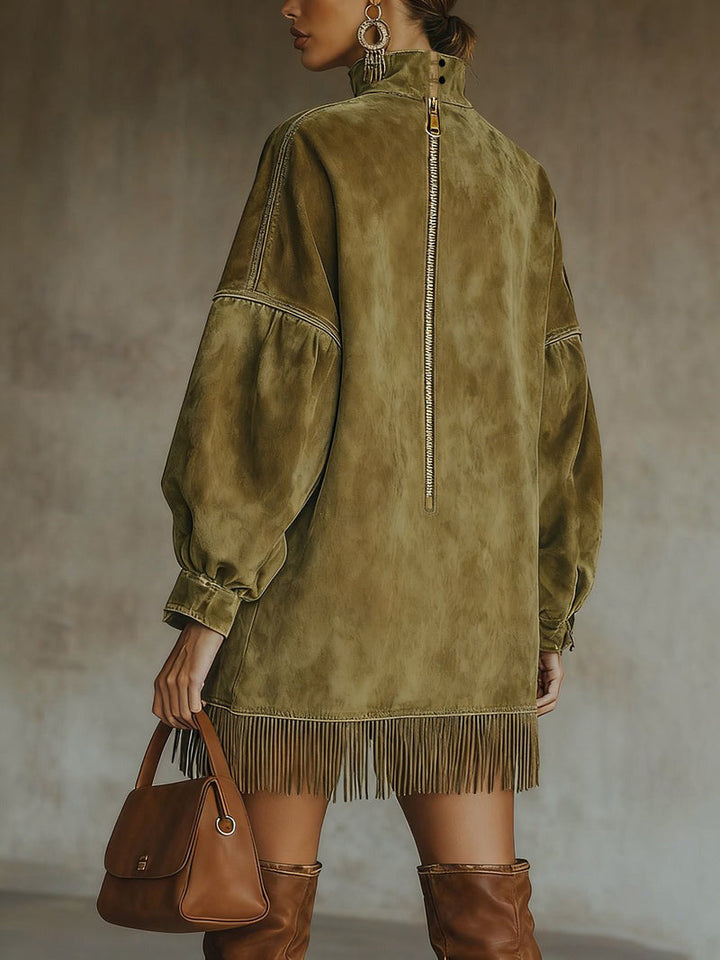 Olive Faux Suede Turtleneck Dress With Fringe Hem