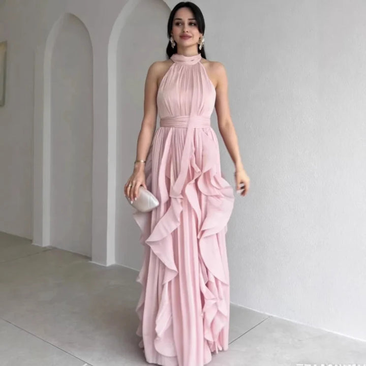 Orea High Neck Gathered Ruffle Layers Maxi Dress