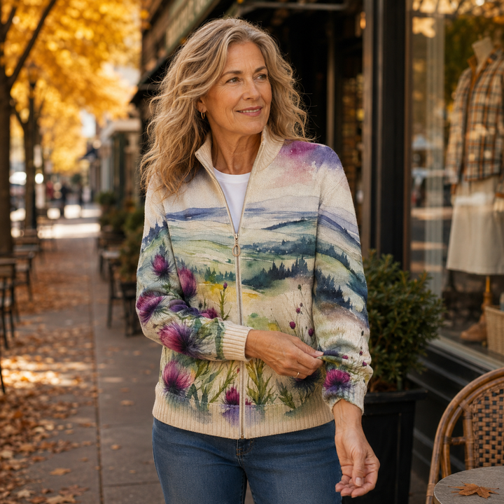 Zelda | Scottish Thistle Landscape Zip Cardigan