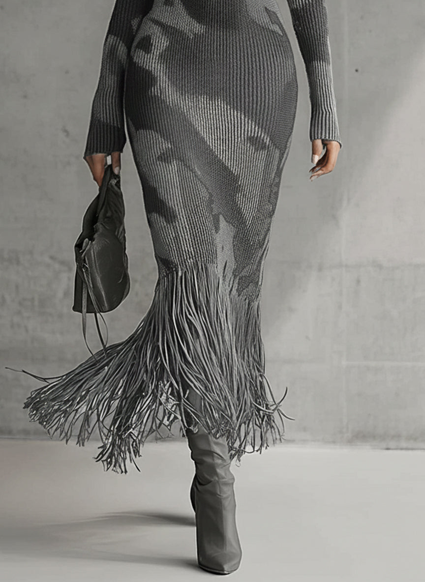 Yohers Olive Camo Knit V-Neck Fringe Hem Bodycon Dress