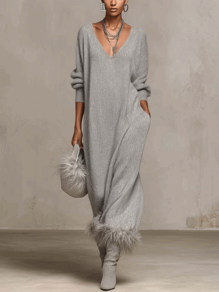 Silver Gray Shimmer Knit Maxi Dress With Faux Feather Trim Hem