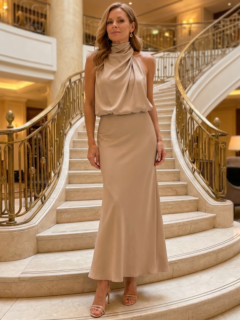 Nopal Sleeveless Draped Neck Midi Dress