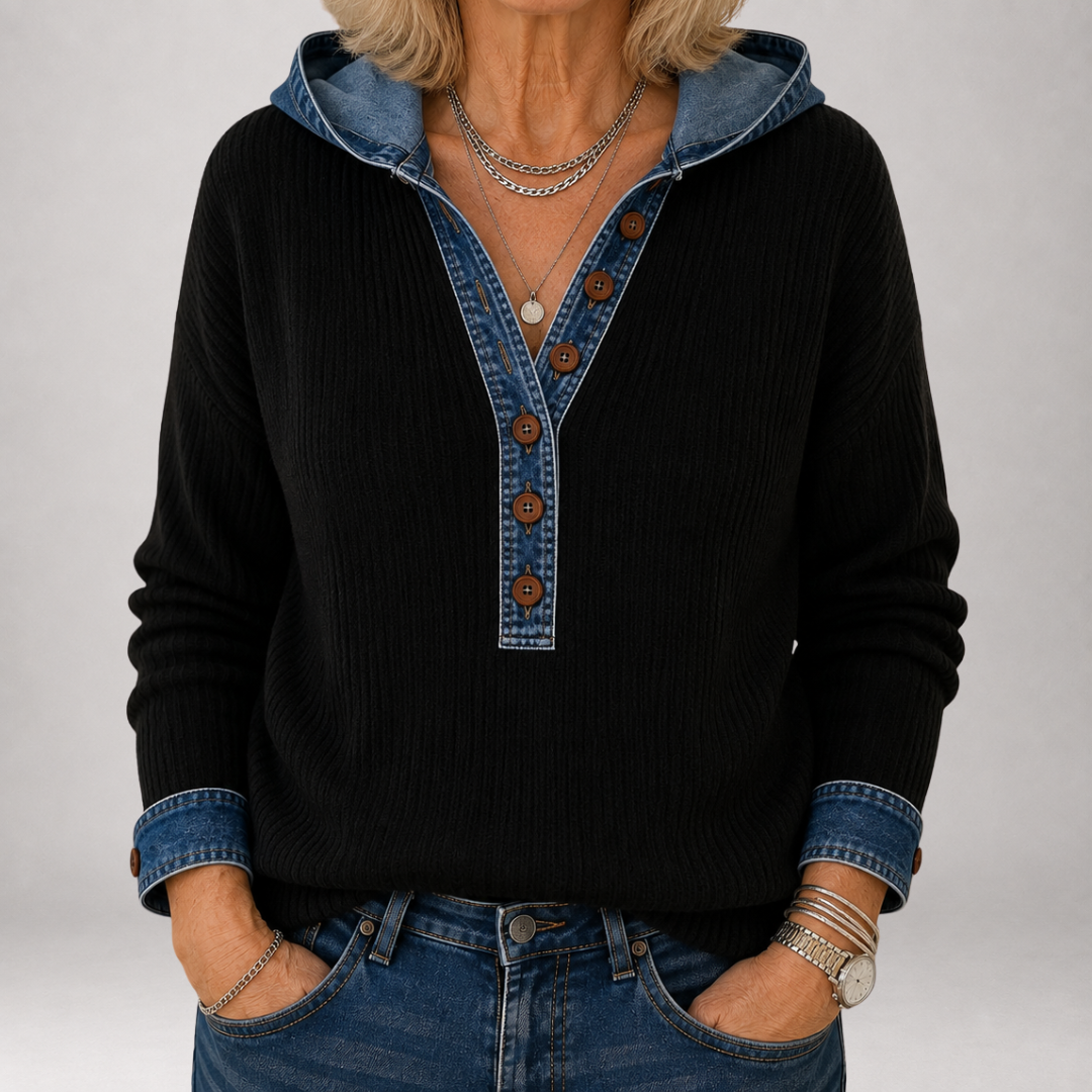 Winnow | Denim Trim Hooded Henley Sweater