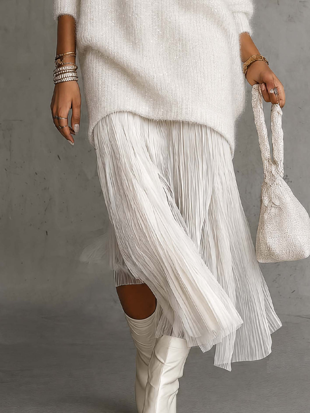 White Shimmer Fuzzy Knit Sweater Dress With Pleated Chiffon Patchwork Hem