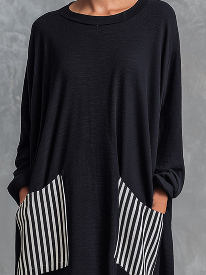 Stefania | Oversized Black Cotton Long Dress with Patchwork Stripes
