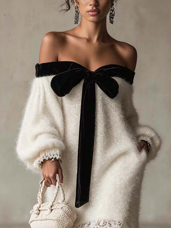 Ivory Shimmer Fuzzy Knit Off-Shoulder Mini Dress With Black Velvet Bow