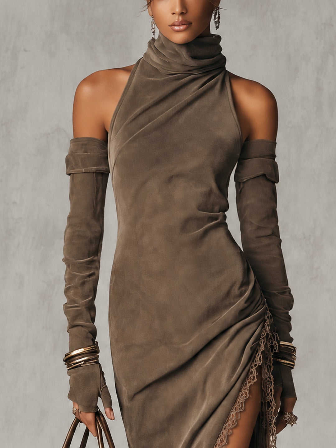 Brown Cold Shoulder Turtleneck Faux Suede Midi Dress