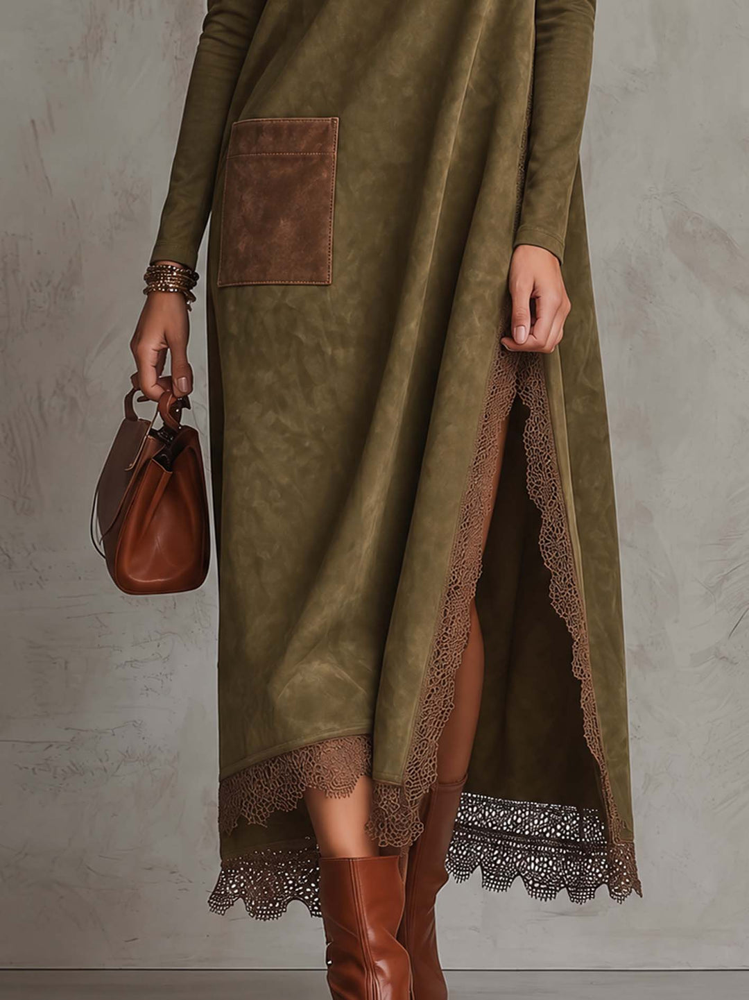 Olive Faux Suede Maxi Dress With Lace Trim And Contrast Suede Pocket