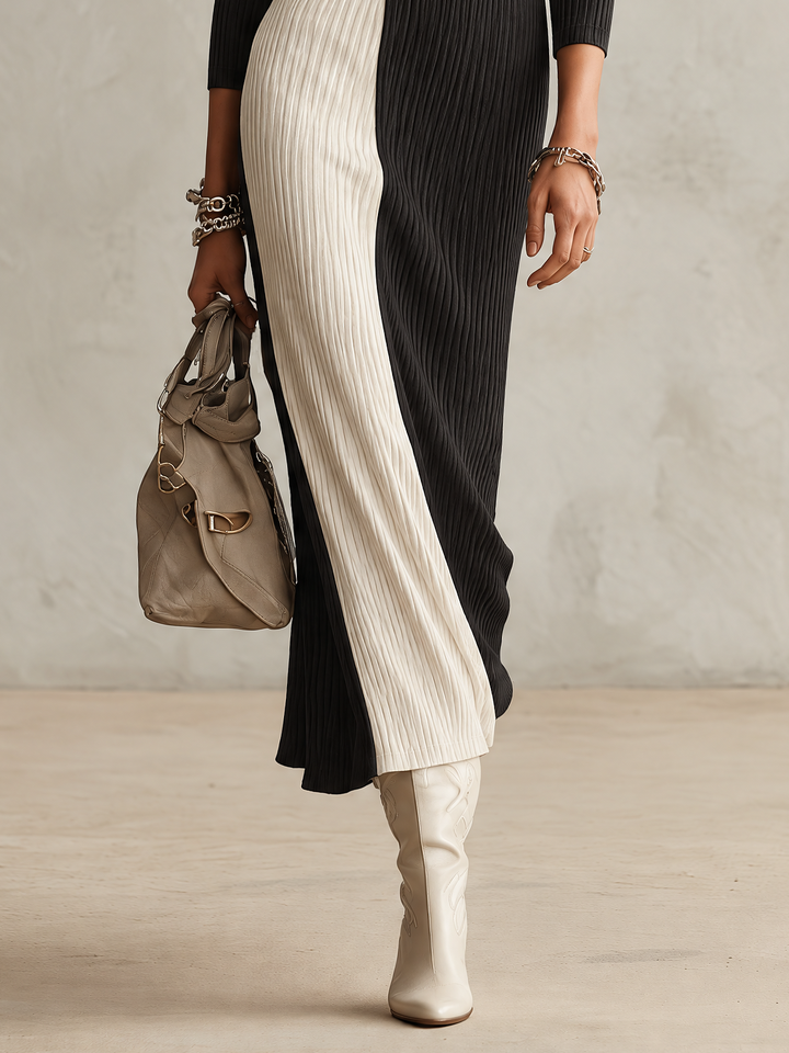 Black And White Color Block Ribbed Knit Maxi Dress