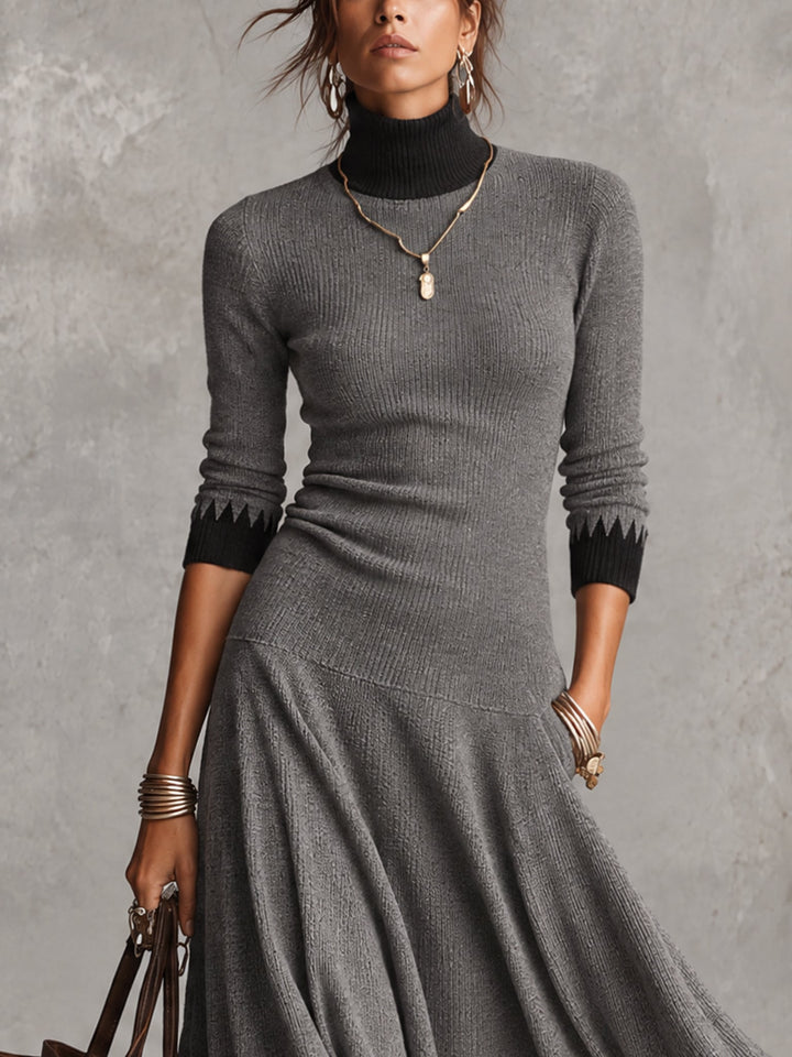 Gray And Black Colorblock Zigzag Trim Turtleneck Knit Maxi Dress