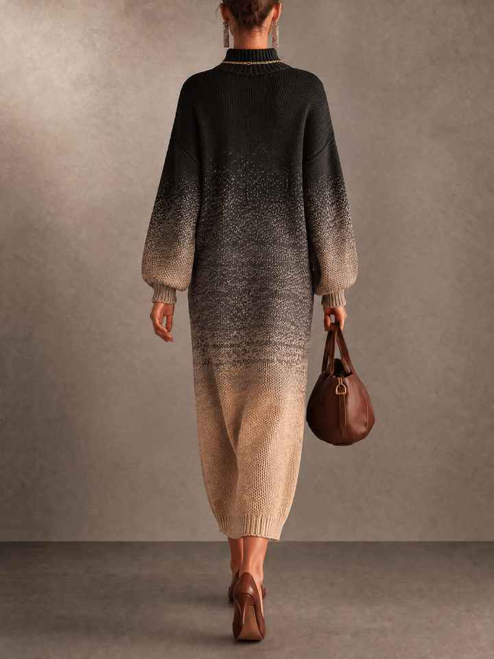 Black To Beige Gradient Turtleneck Knit Maxi Dress