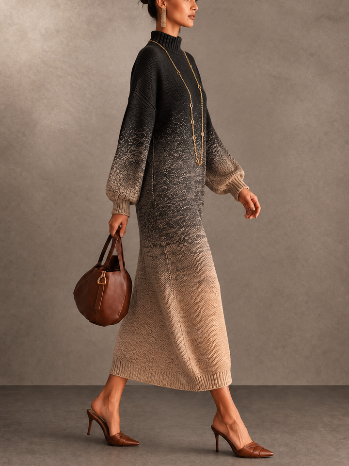 Black To Beige Gradient Turtleneck Knit Maxi Dress