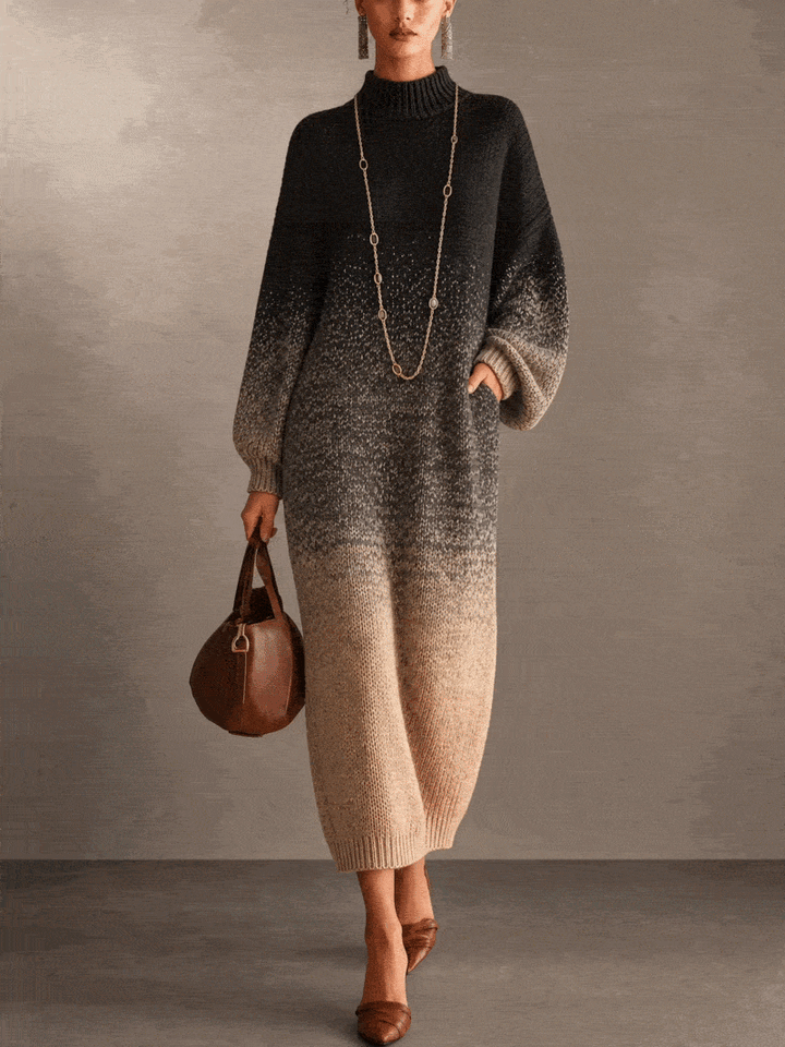 Black To Beige Gradient Turtleneck Knit Maxi Dress