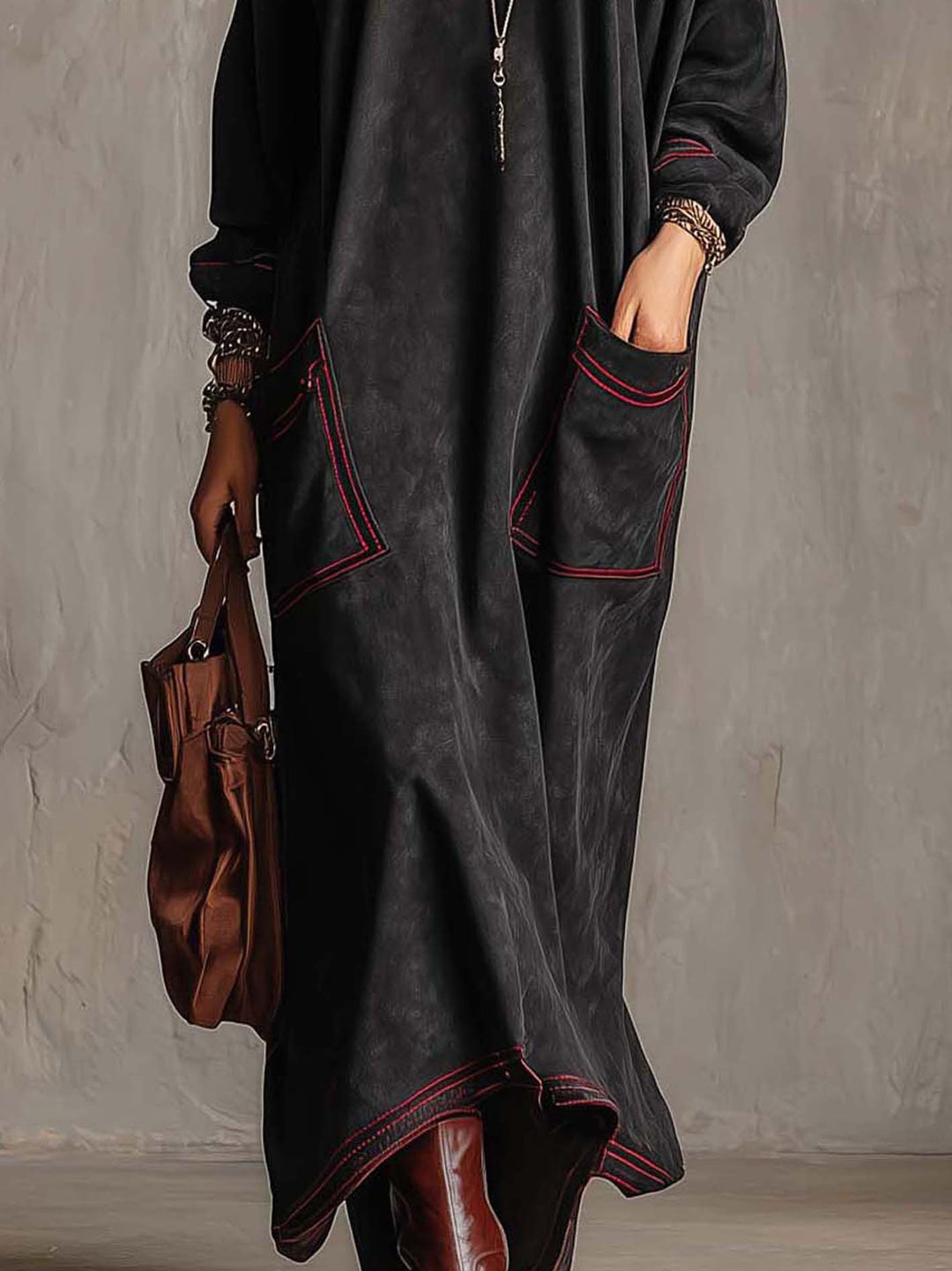 Black Faux Suede Maxi Dress With Red Contrast Stitching And Patch Pockets