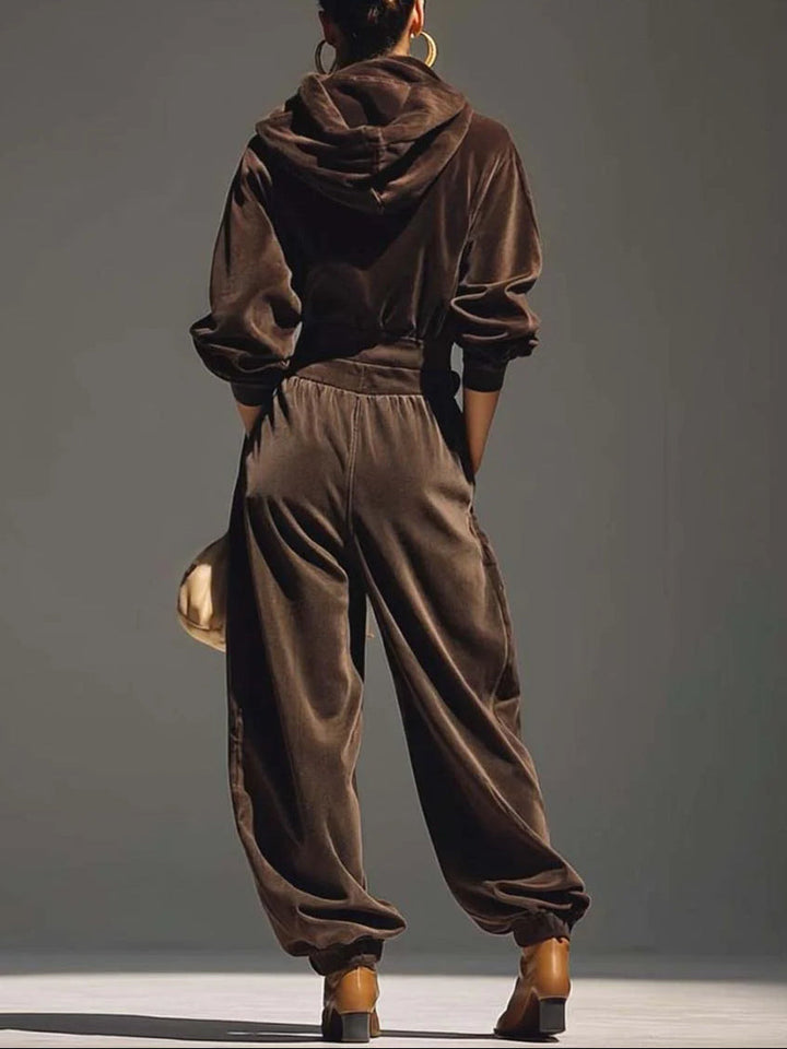 Vintage brown velvet hoodie and loose-fitting trousers set (Includes belt)