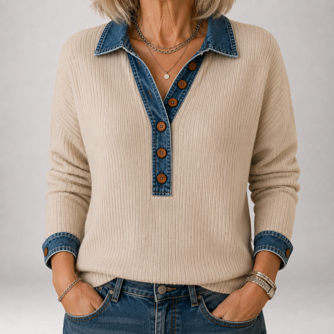 Clarisse | Denim Collar Ribbed Polo Sweater