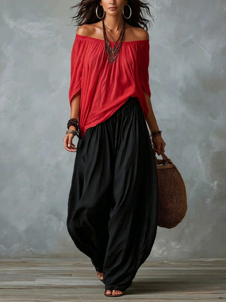 Ella | Top White Off-the-shoulder and Wide Lantern Pants Set