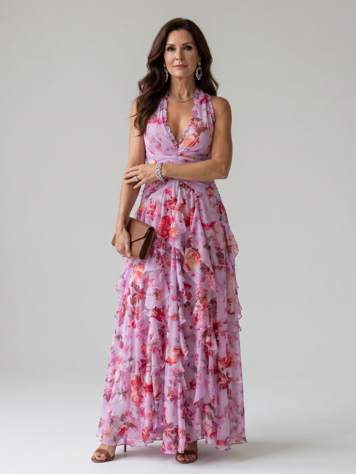 Nori Halter Neck Ruched Bodice Floral Maxi Dress