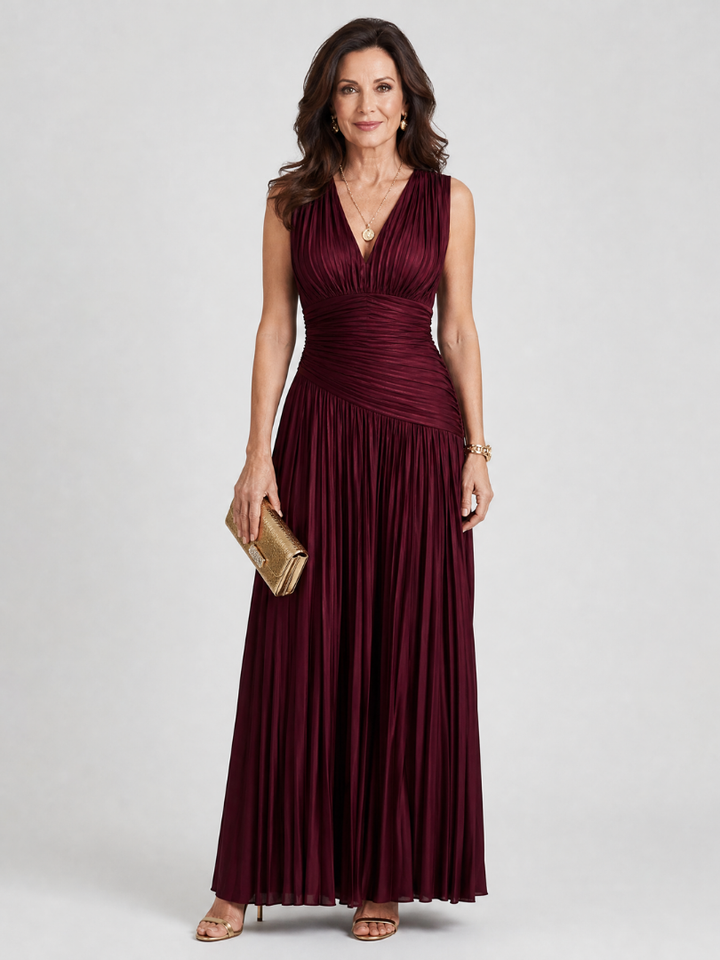 Lemar Sleeveless Pleated V Neck Midi Dress