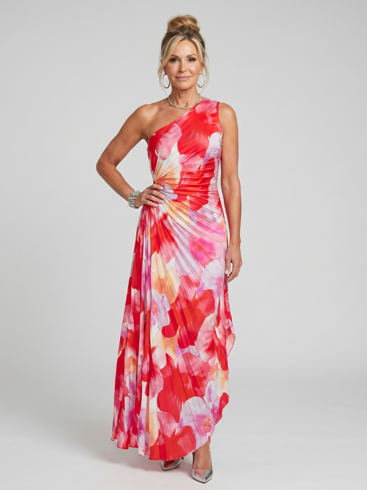 Taya One Shoulder Pleated Bodice Midi Dress