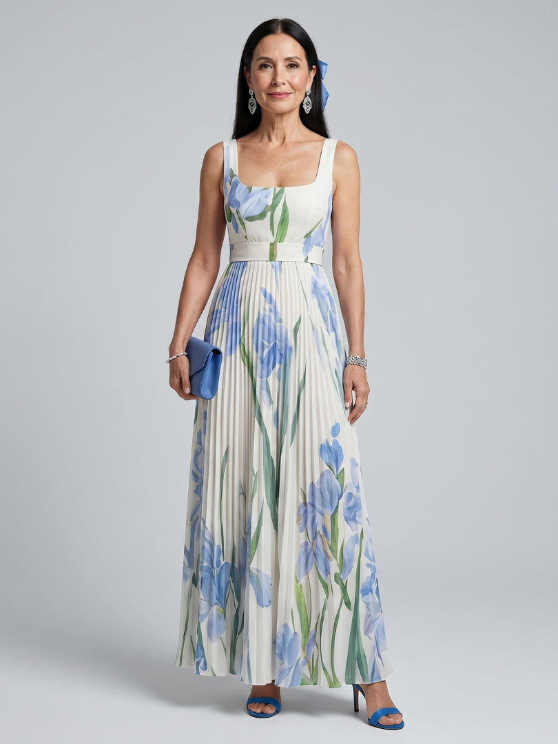 Ophelia Sleeveless Square Neck Floral Print Midi Dress