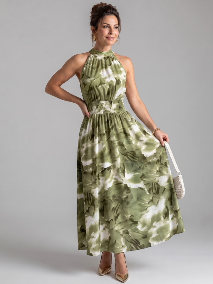 Olivia Gathered Waist Abstract Print Midi Dress