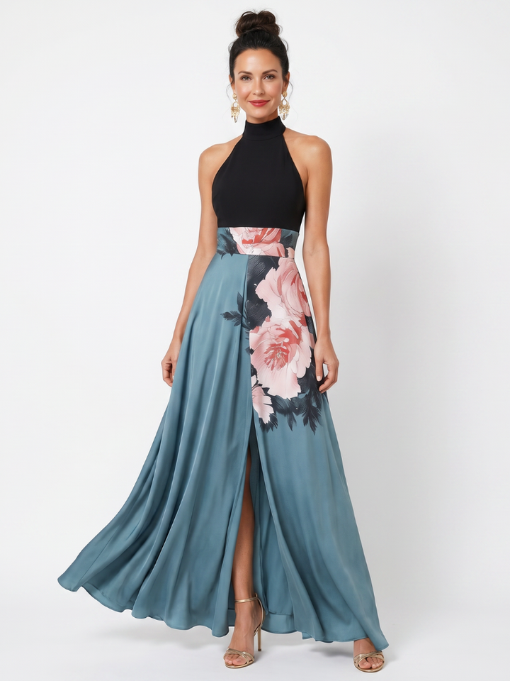 Olympas Halter Bodice Floral Skirt Maxi Dress