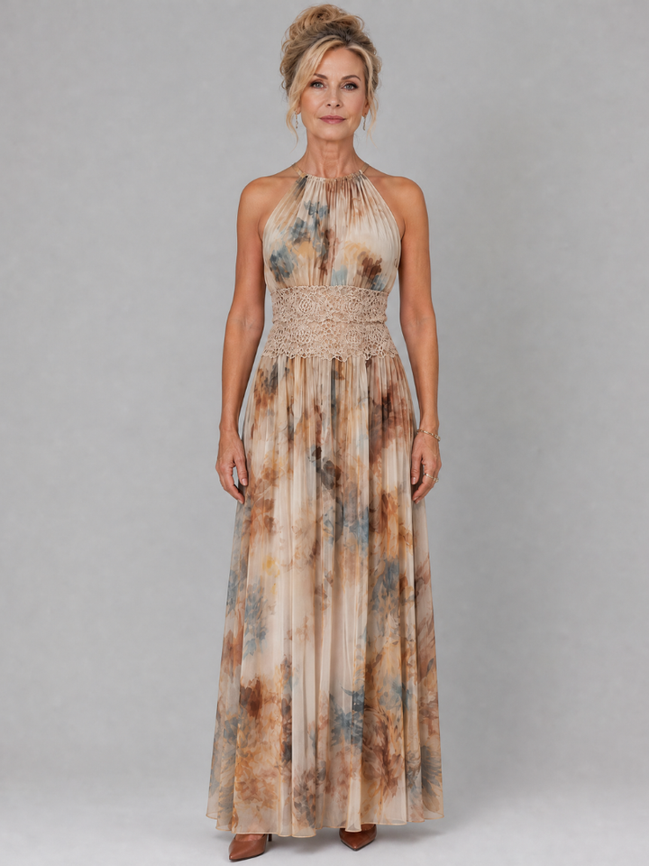 Elavenue Halter Neck Lace Waist Maxi Dress