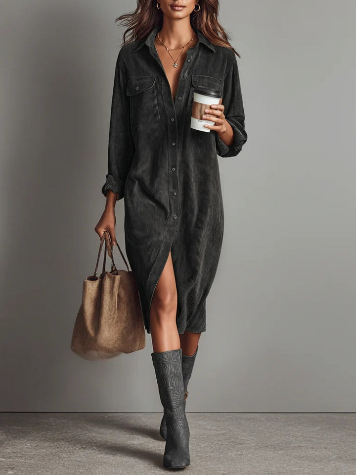 Ruby | Midi Corduroy Dress with Double Breasted Pockets and Single Button