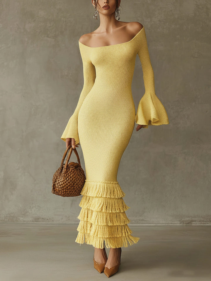 Yellow Off Shoulder Fringe Lightweight Knit Bodycon Dress