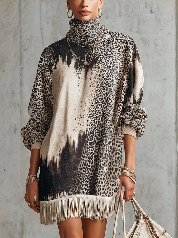 Gray Leopard Print Turtleneck Fringe Hem Faux Suede Dress