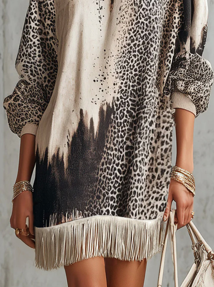 Gray Leopard Print Turtleneck Fringe Hem Faux Suede Dress