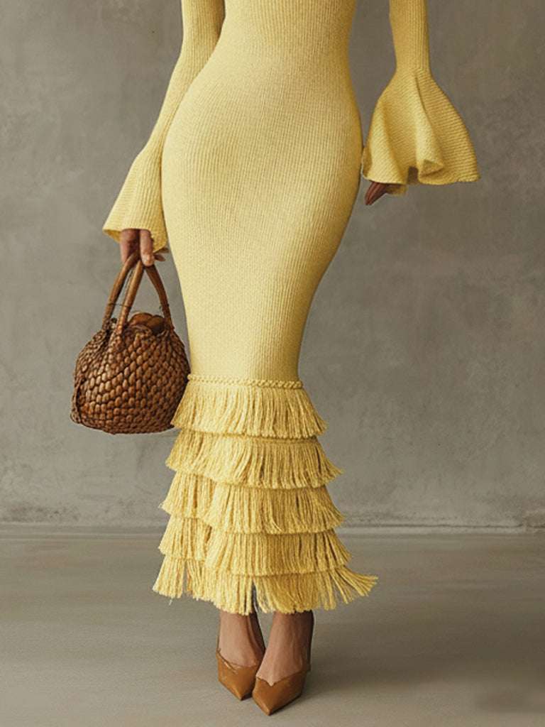 Yellow Off Shoulder Fringe Lightweight Knit Bodycon Dress