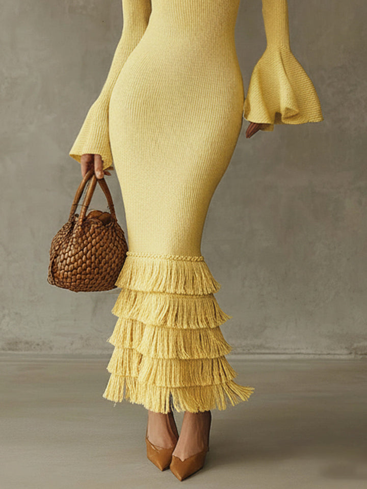 Yellow Off Shoulder Fringe Lightweight Knit Bodycon Dress