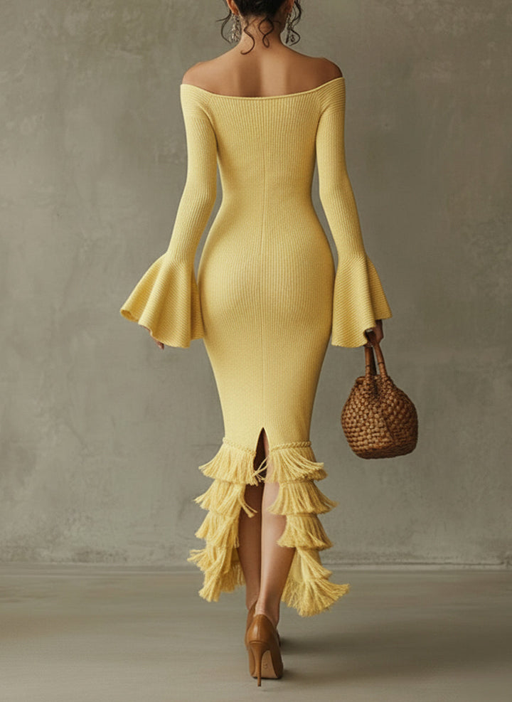 Yellow Off Shoulder Fringe Lightweight Knit Bodycon Dress