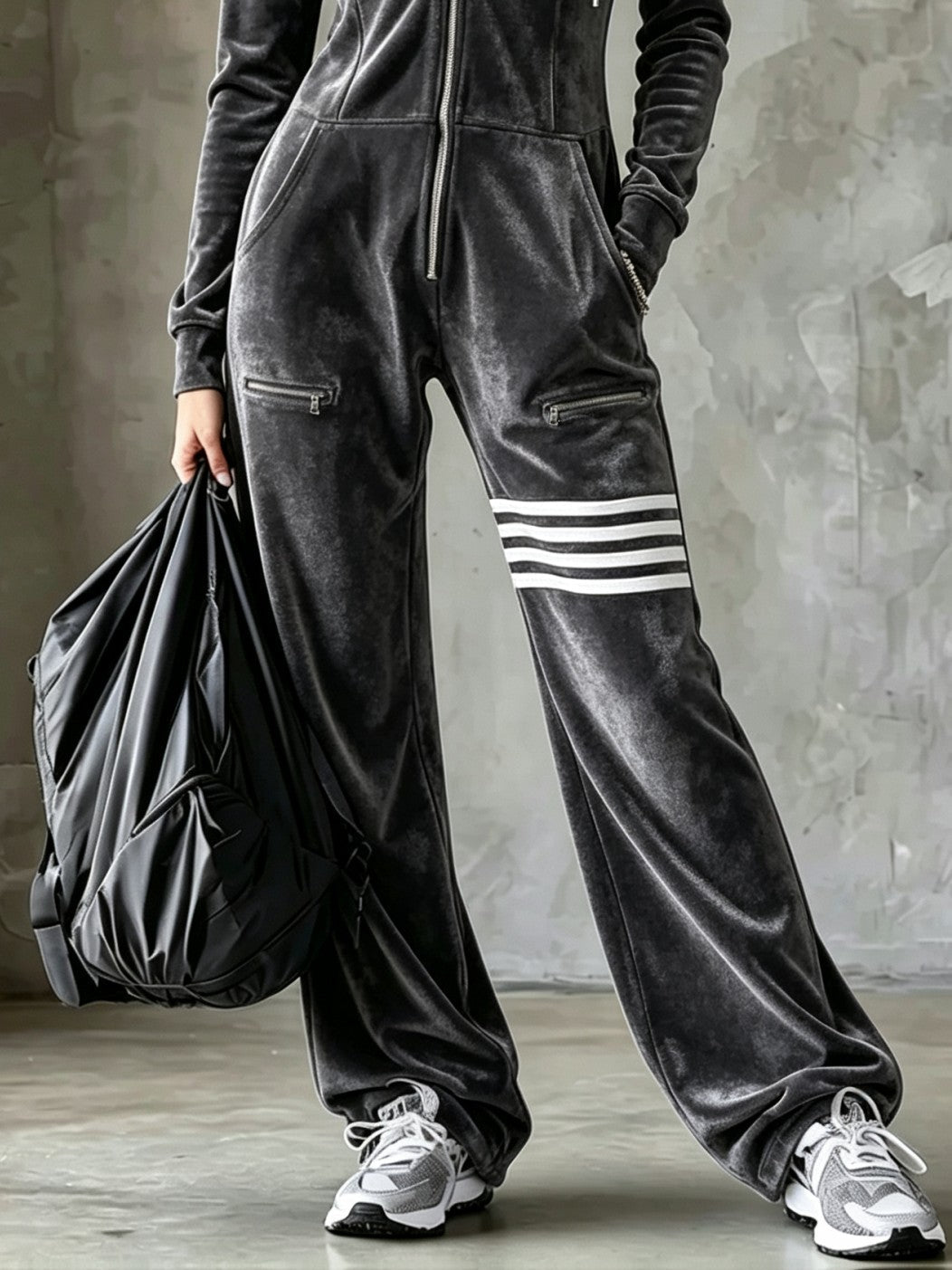 Velvet Hooded Zipper Wide Leg Jumpsuit