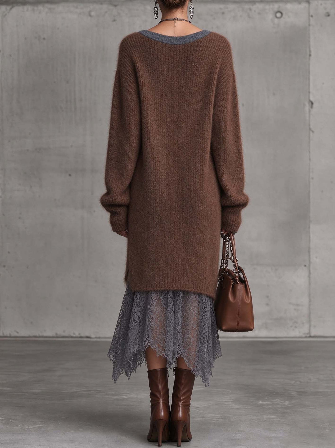 Chocolate Brown Fuzzy Mohair Knit Midi Dress With Contrast Lace Hem