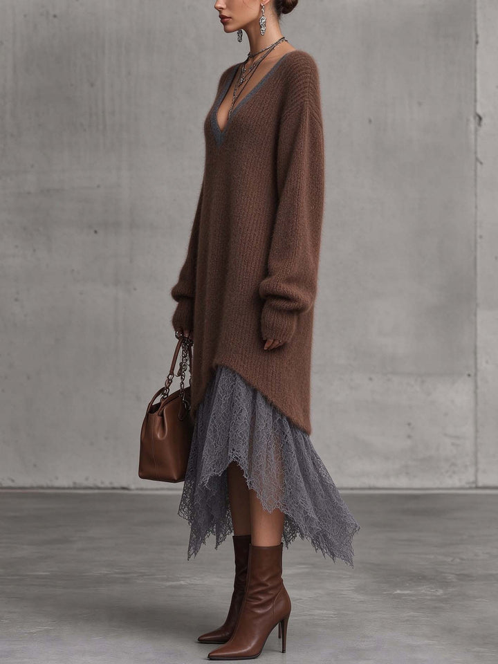 Chocolate Brown Fuzzy Mohair Knit Midi Dress With Contrast Lace Hem