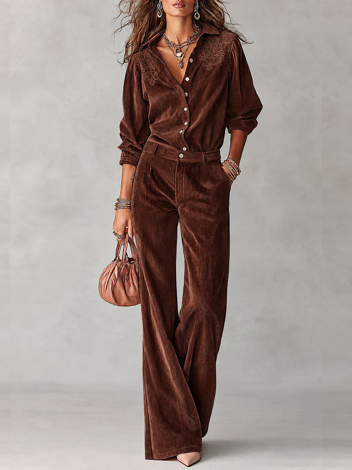 Boho Corduroy Lace-Trim Shirt & Wide-Leg Pants Set