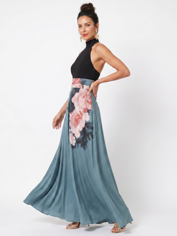 Olympas Halter Bodice Floral Skirt Maxi Dress