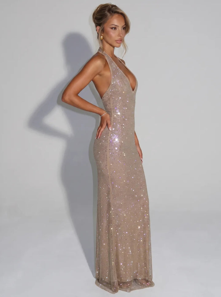 Sirea Sequin Sleeveless Sheer Panel Midi Dress