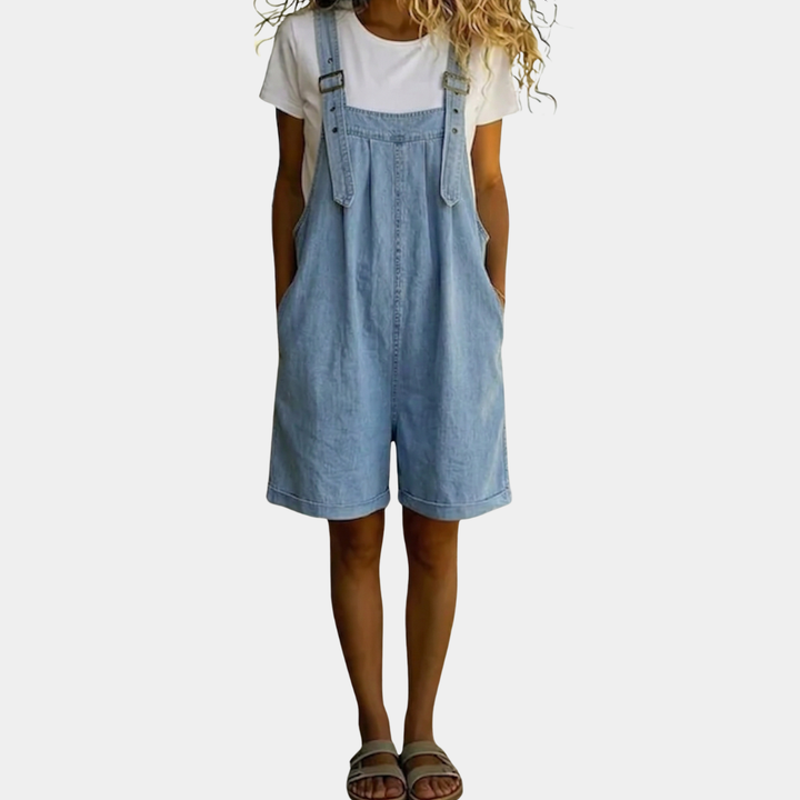 Saylor - Vintage Washed Soft Cotton Feel Denim Short Overall Light blue
